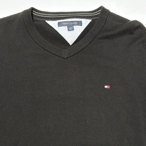 Tommy Hilfiger Sweater Pullover Mens Sz M Black V Neck Cotton Preppy Knit - Picture 3 of 8